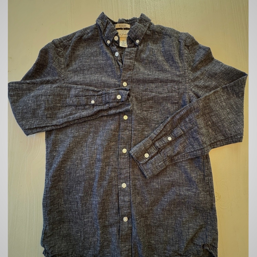 HM LOGG Mens Navy Blue Cotton Linen Blend Button Down Shirt Small Regular Fit